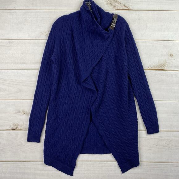 Neiman Marcus Cashmere Sweater Womens M Blue Buckle Shoulder Cable Knit Open - Picture 1 of 10
